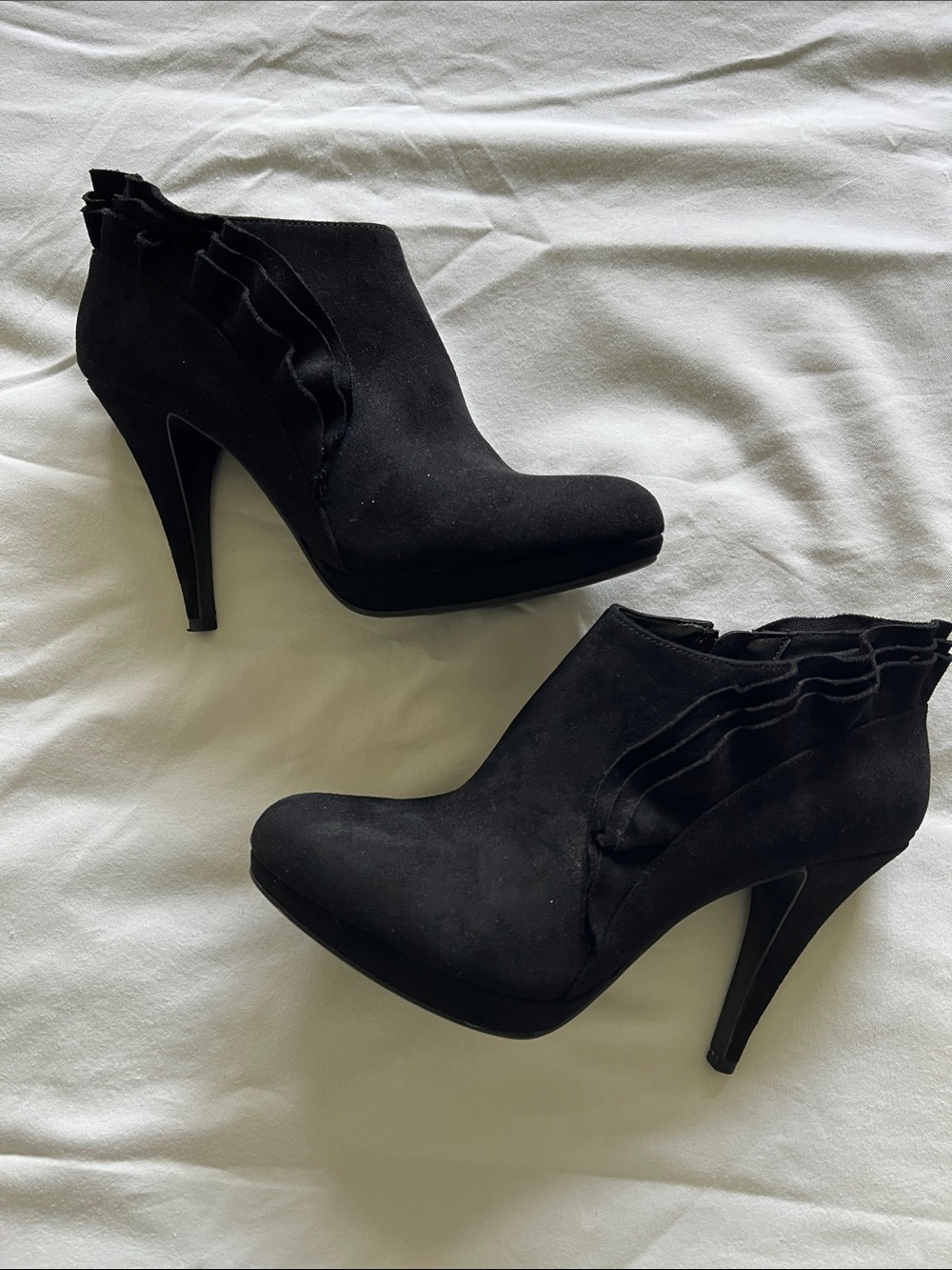Impo Black Suede Ruffle Ankle Booties